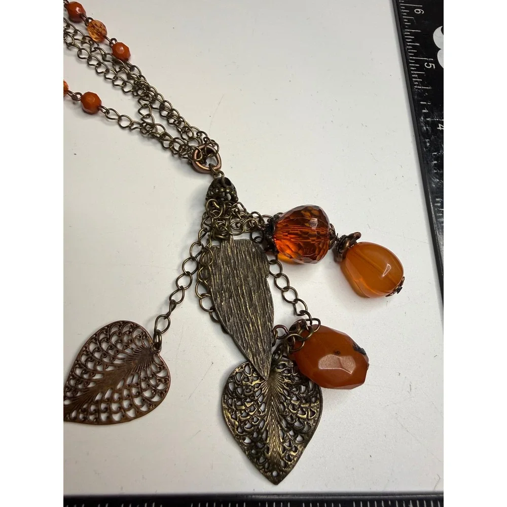 Apostrophe Bronze Tone Multi Strand Leaf Charm Orange Bead Long Necklace NWT